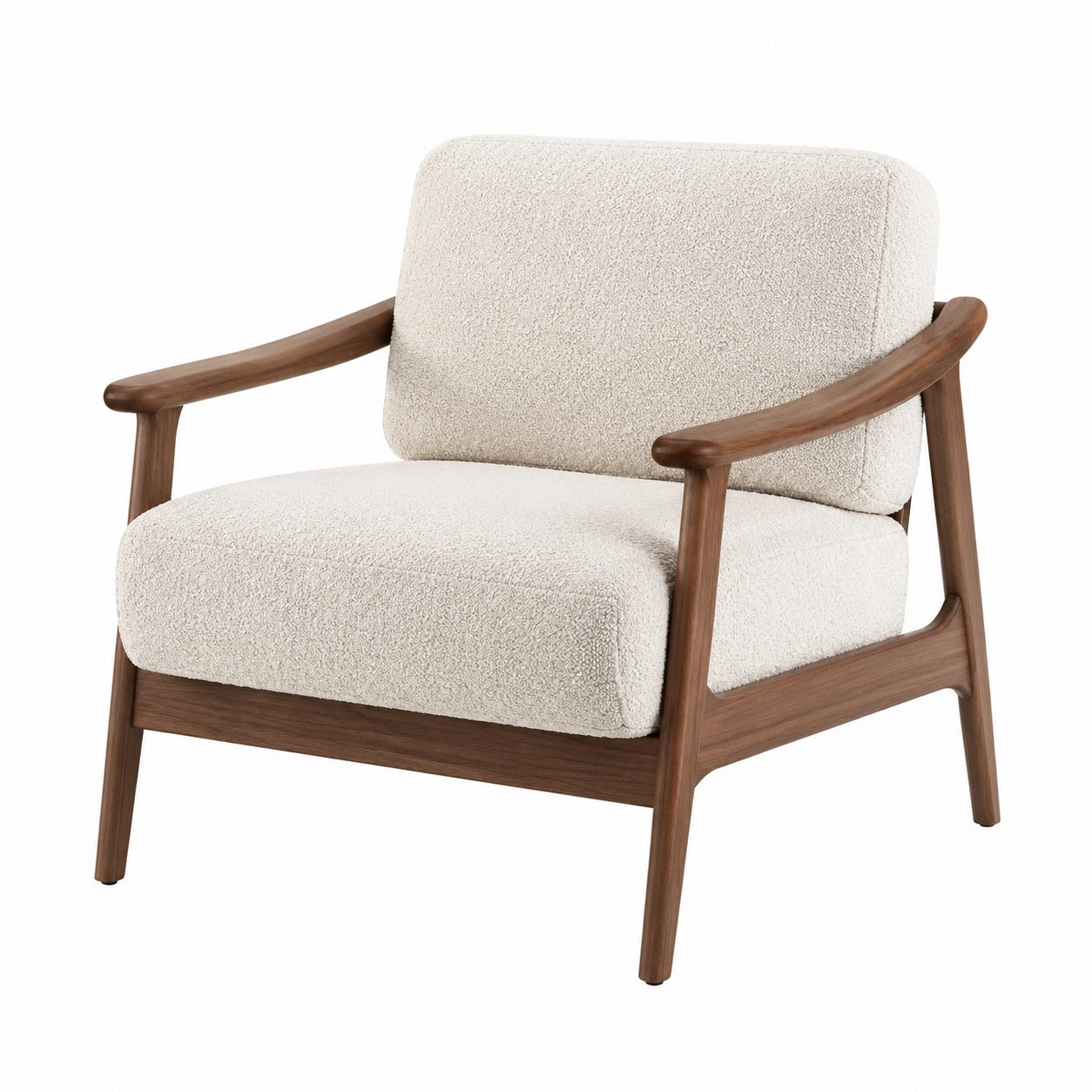 Walnuss-Sessel mit Bouclé-Stoff, 80x75x70cm, Cremeweiß