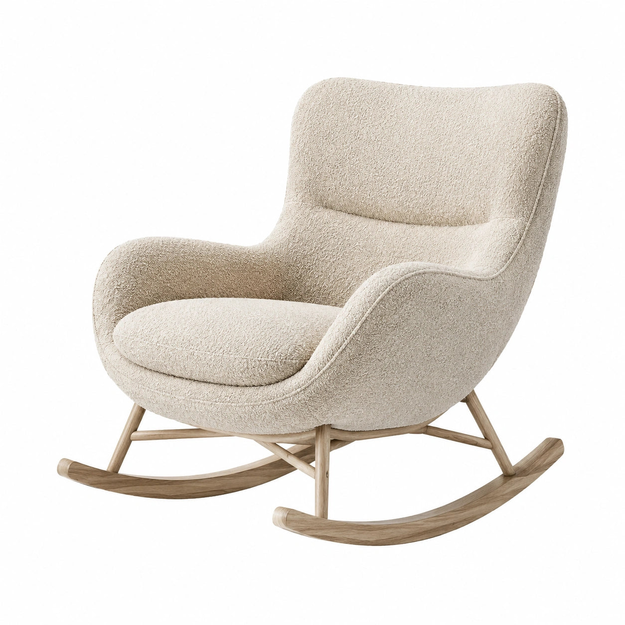 Schaukelstuhl mit Holzrahmen und Bouclé-Polsterung, Beige