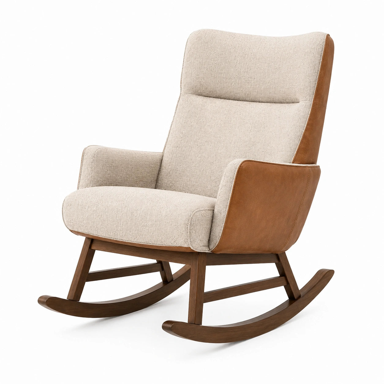 Schaukelstuhl mit Stoff- und Kunstlederbezug, Holzgestell, Beige/Braun