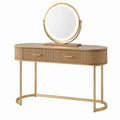 Schminktisch oval aus Kiefernholz mit rundem Spiegel und Metallbeinen, Natur/Gold