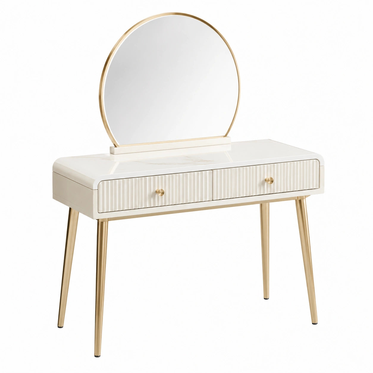 Frisiertisch mit rundem Spiegel aus MDF und Metall in Creme/Gold