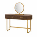 Holz Schminktisch mit Rundem Spiegel und Metallbeinen Braun/Gold