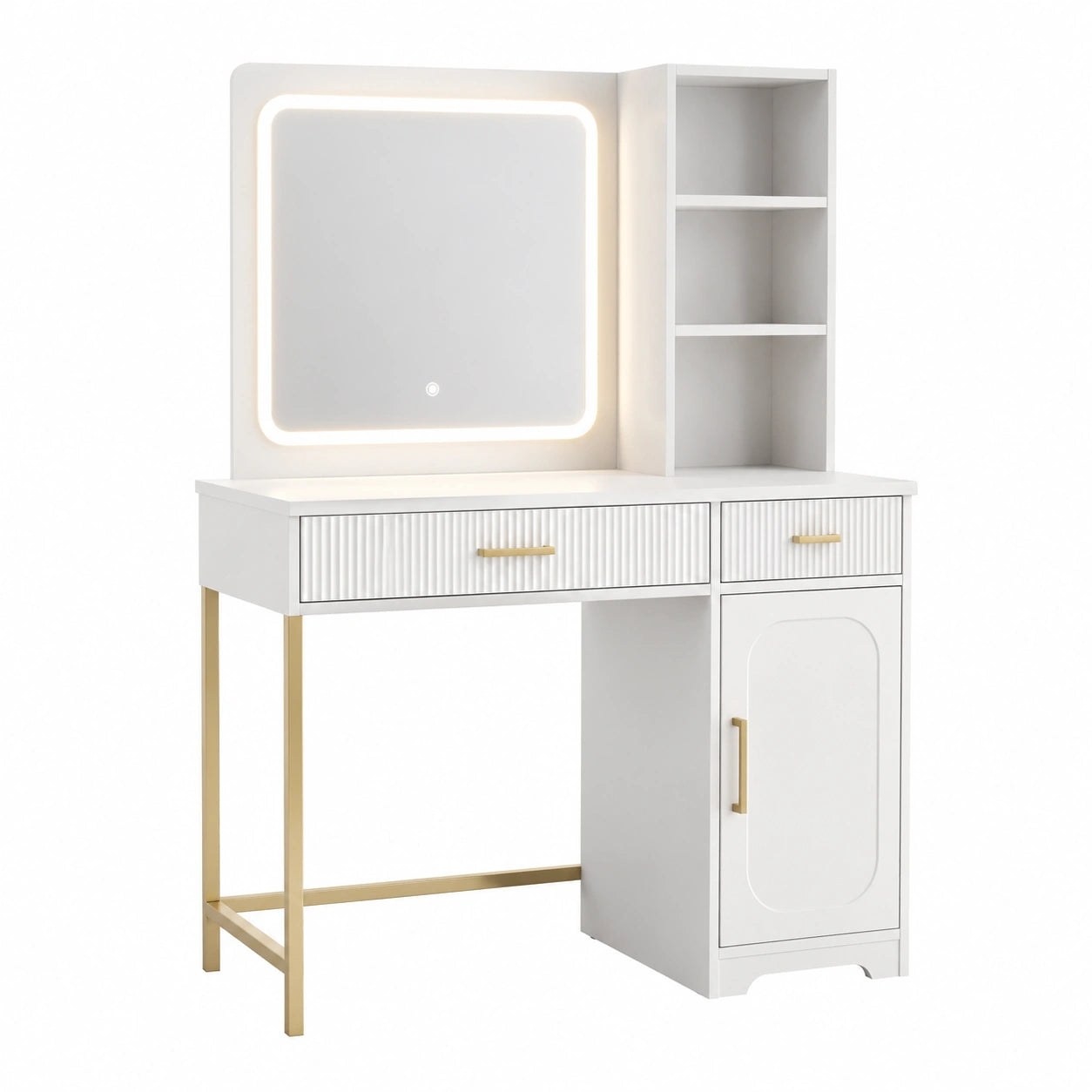 Schminktisch mit LED-Spiegel aus MDF und Stahl in Weiß und Gold